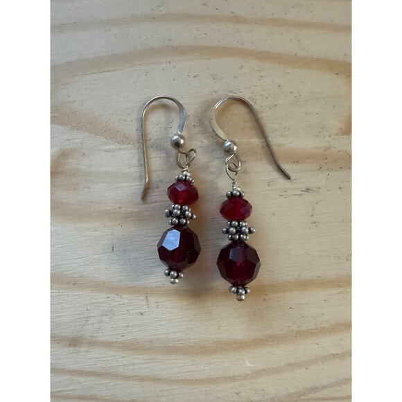 Ruby Red Beaded Dangle Earrings Silver Tone Accents Fishhook Backing Lightweight - Picture 2 of 3